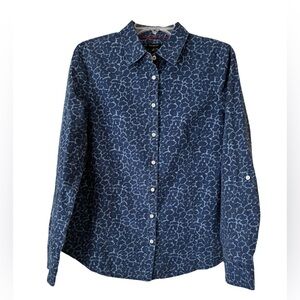 Talbots Button Up Blouse, Sz. 10, 2-Tone Blue Print, Option to Roll Up Sleeve